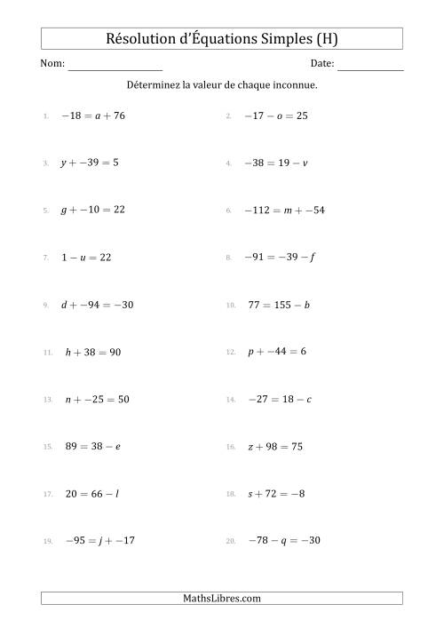 Résolution d'Équations Simples Linéaires avec des Valeurs de -99 à 99 (Inconnue à Gauche ou à droite de l'Égalité) (H)