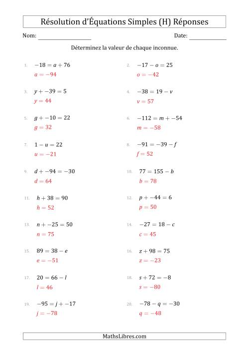 Résolution d'Équations Simples Linéaires avec des Valeurs de -99 à 99 (Inconnue à Gauche ou à droite de l'Égalité) (H) page 2
