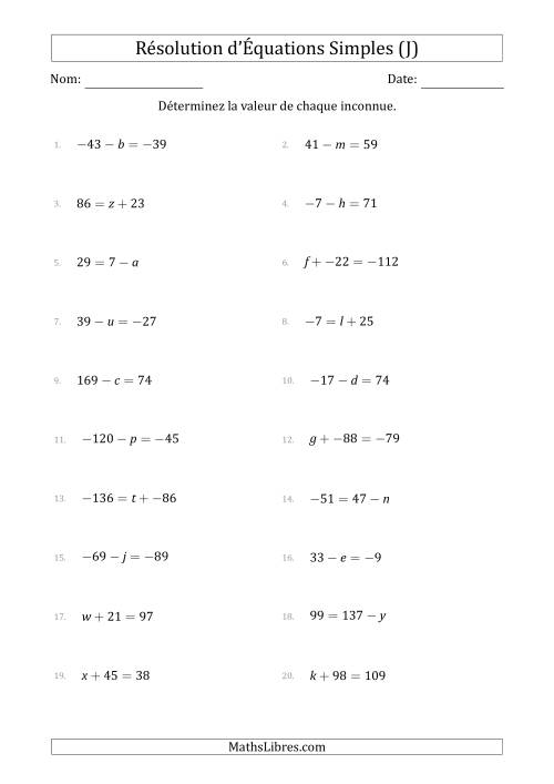 Résolution d'Équations Simples Linéaires avec des Valeurs de -99 à 99 (Inconnue à Gauche ou à droite de l'Égalité) (J)