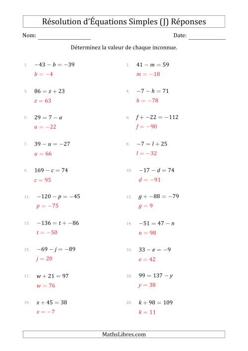 Résolution d'Équations Simples Linéaires avec des Valeurs de -99 à 99 (Inconnue à Gauche ou à droite de l'Égalité) (J) page 2