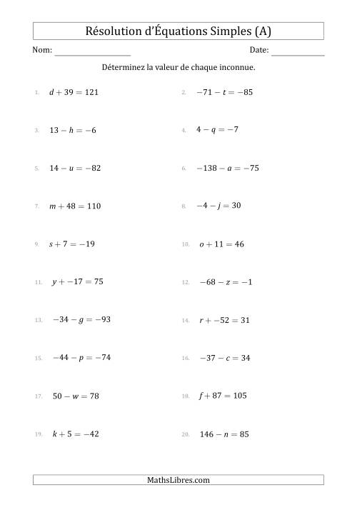 Résolution d'Équations Simples Linéaires avec des Valeurs de -99 à 99 (Inconnue à Gauche de l'Égalité) (Tout)