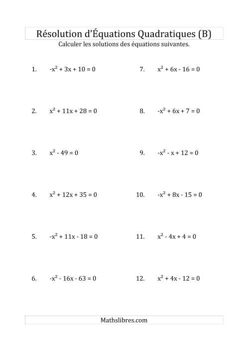 Résolution d’Équations Quadratiques (Coefficients de 1 ou -1) (B)