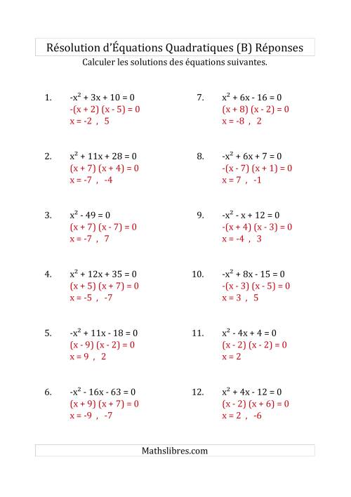 Résolution d’Équations Quadratiques (Coefficients de 1 ou -1) (B) page 2