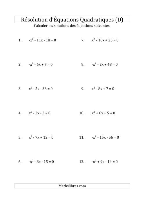 Résolution d’Équations Quadratiques (Coefficients de 1 ou -1) (D)