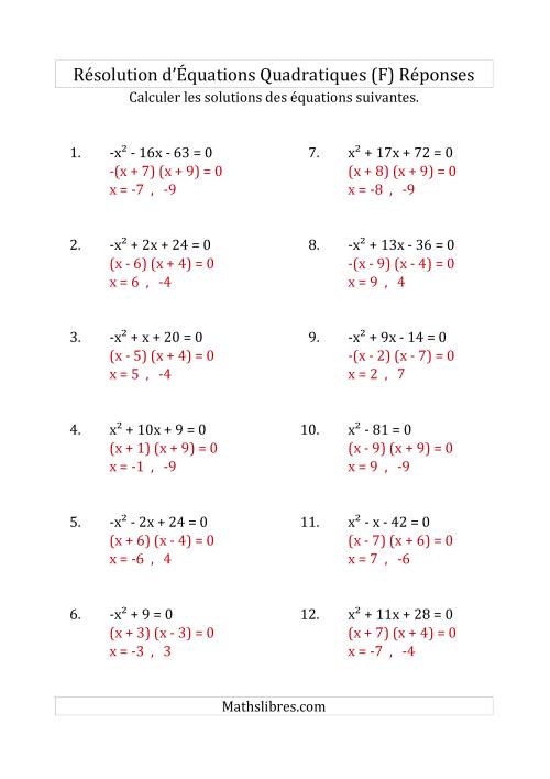 Résolution d’Équations Quadratiques (Coefficients de 1 ou -1) (F) page 2