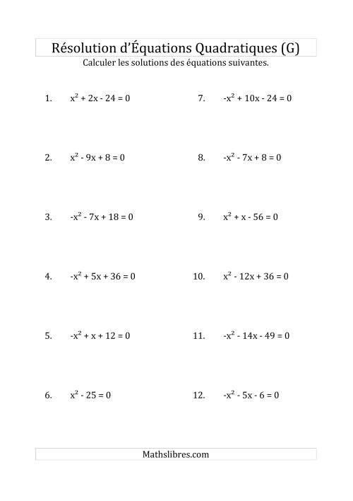 Résolution d’Équations Quadratiques (Coefficients de 1 ou -1) (G)