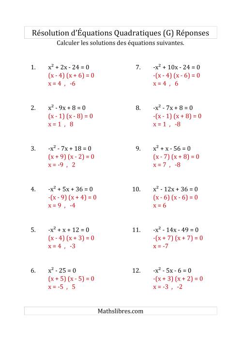 Résolution d’Équations Quadratiques (Coefficients de 1 ou -1) (G) page 2