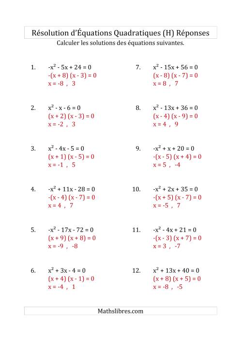 Résolution d’Équations Quadratiques (Coefficients de 1 ou -1) (H) page 2