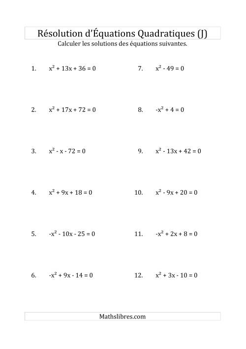 Résolution d’Équations Quadratiques (Coefficients de 1 ou -1) (J)