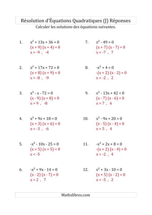 Résolution d’Équations Quadratiques (Coefficients de 1 ou -1) (J) page 2