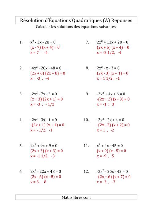 Résolution d’Équations Quadratiques (Coefficients variant de -4 à 4) (A) page 2