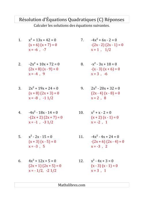 Résolution d’Équations Quadratiques (Coefficients variant de -4 à 4) (C) page 2