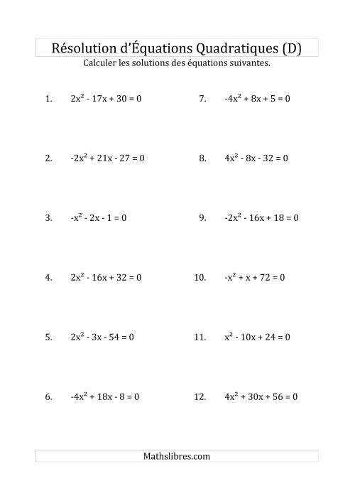 Résolution d’Équations Quadratiques (Coefficients variant de -4 à 4) (D)