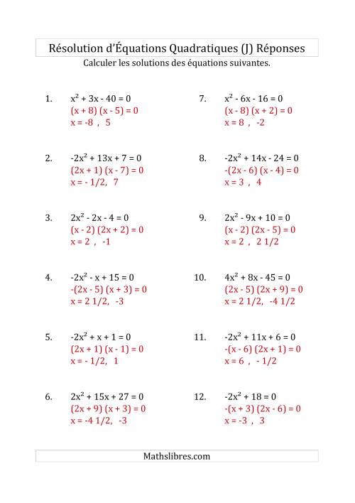 Résolution d’Équations Quadratiques (Coefficients variant de -4 à 4) (J) page 2