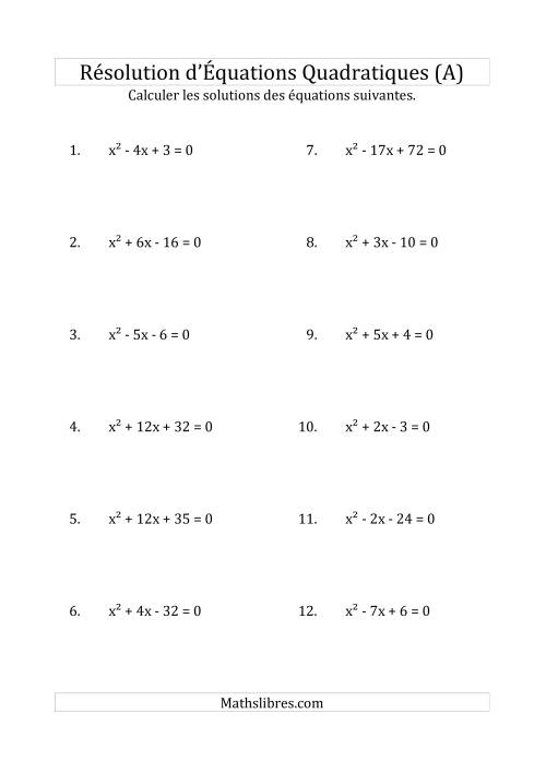 Résolution d’Équations Quadratiques (Coefficients de 1) (A)