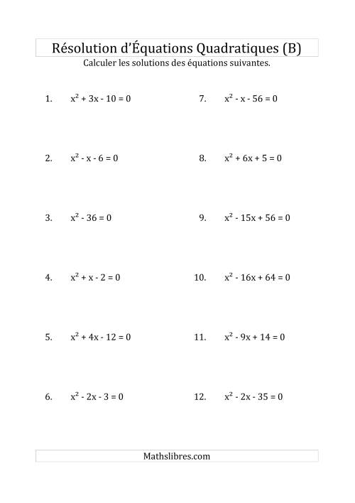Résolution d’Équations Quadratiques (Coefficients de 1) (B)