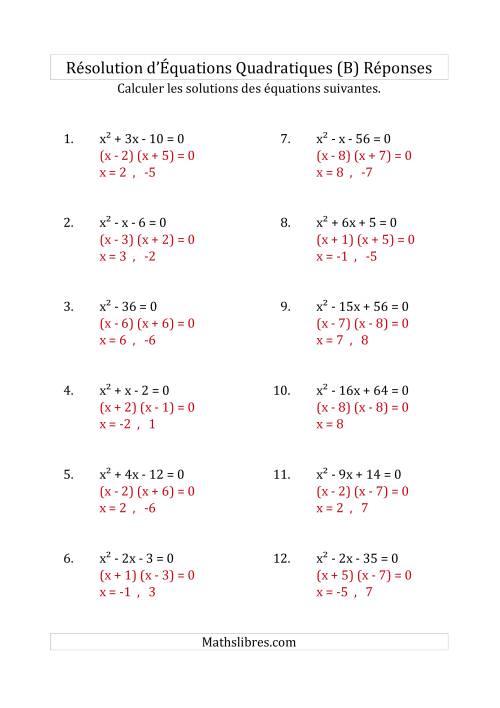Résolution d’Équations Quadratiques (Coefficients de 1) (B) page 2