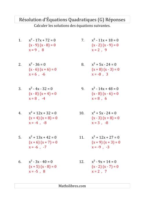 Résolution d’Équations Quadratiques (Coefficients de 1) (G) page 2