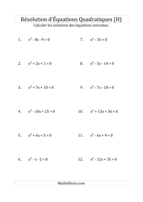 Résolution d’Équations Quadratiques (Coefficients de 1) (H)