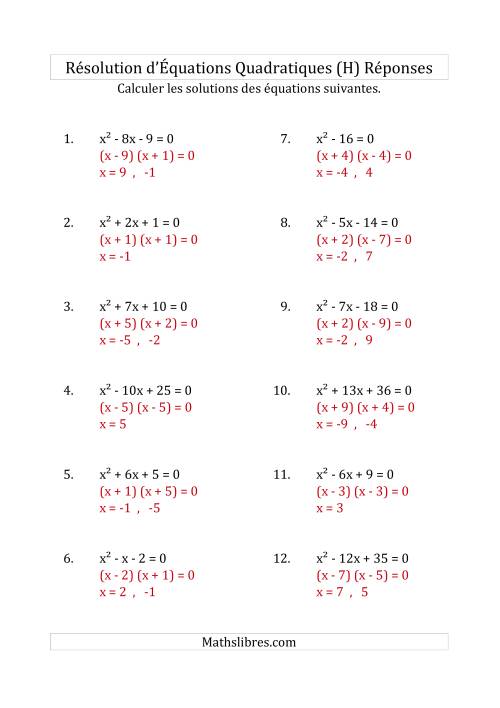 Résolution d’Équations Quadratiques (Coefficients de 1) (H) page 2