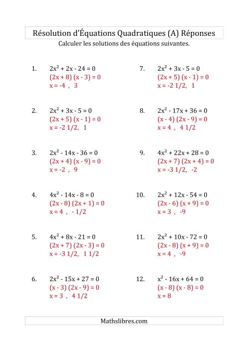 Résolution d’Équations Quadratiques (Coefficients variant jusqu'à 4) (A) page 2