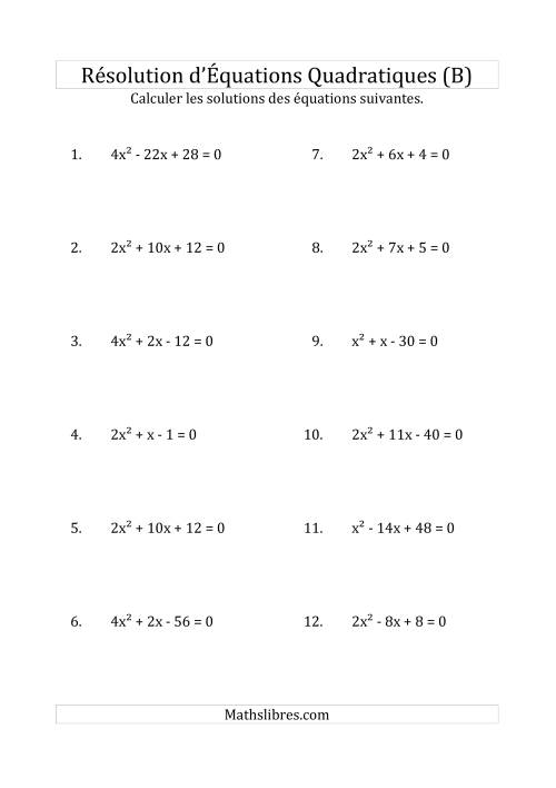 Résolution d’Équations Quadratiques (Coefficients variant jusqu'à 4) (B)