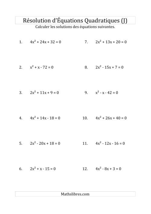 Résolution d’Équations Quadratiques (Coefficients variant jusqu'à 4) (J)