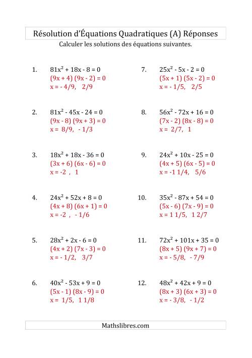 Résolution d’Équations Quadratiques (Coefficients variant jusqu'à 81) (A) page 2