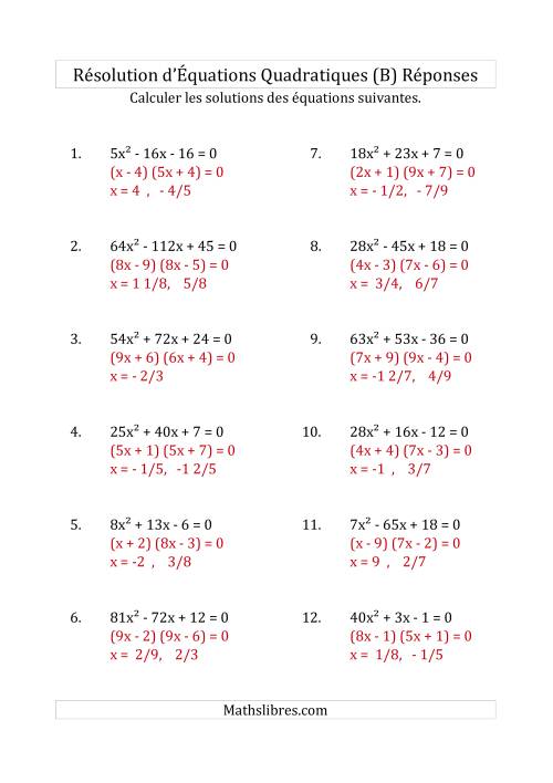 Résolution d’Équations Quadratiques (Coefficients variant jusqu'à 81) (B) page 2