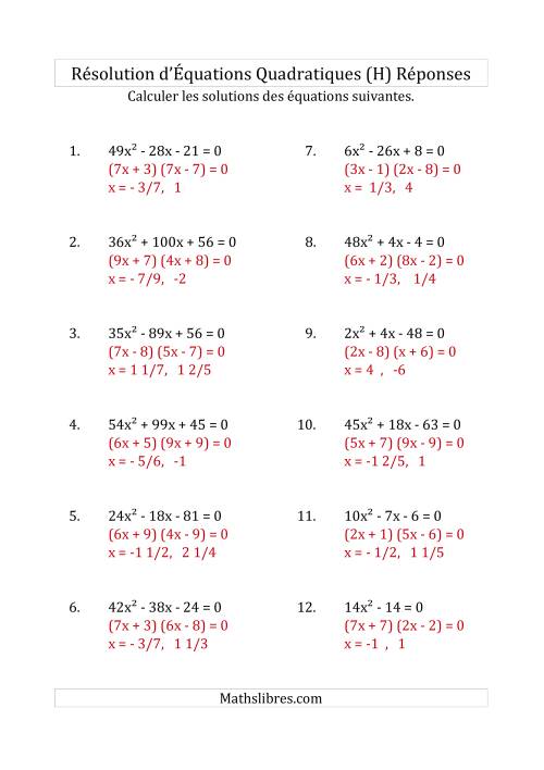 Résolution d’Équations Quadratiques (Coefficients variant jusqu'à 81) (H) page 2