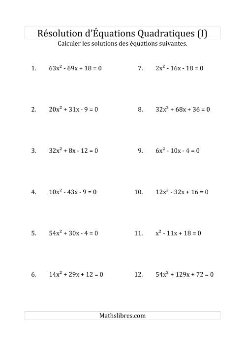Résolution d’Équations Quadratiques (Coefficients variant jusqu'à 81) (I)