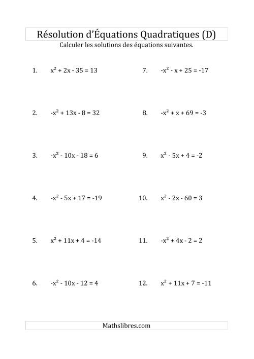Résolution d’Équations Quadratiques (Coefficients de 1 ou -1) (D)