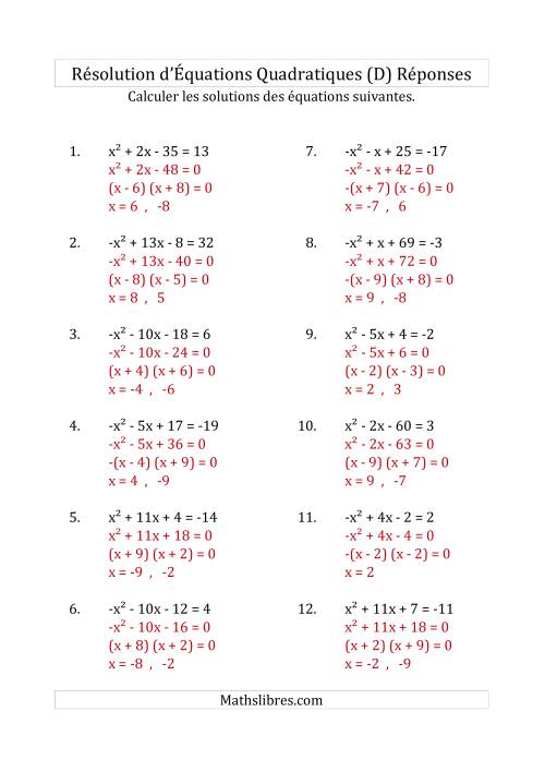 Résolution d’Équations Quadratiques (Coefficients de 1 ou -1) (D) page 2
