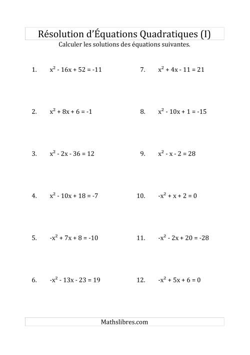 Résolution d’Équations Quadratiques (Coefficients de 1 ou -1) (I)