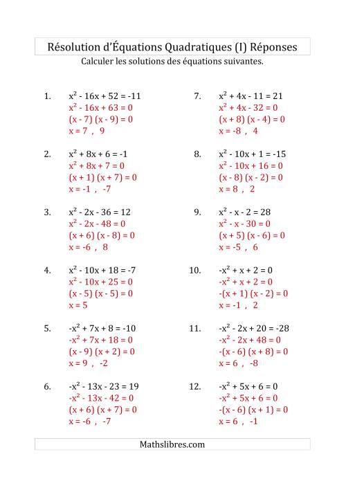 Résolution d’Équations Quadratiques (Coefficients de 1 ou -1) (I) page 2