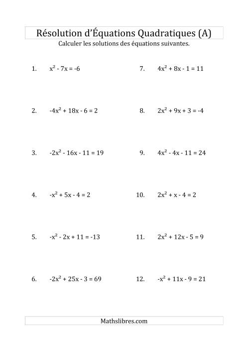 Résolution d’Équations Quadratiques (Coefficients variant de -4 à 4) (A)