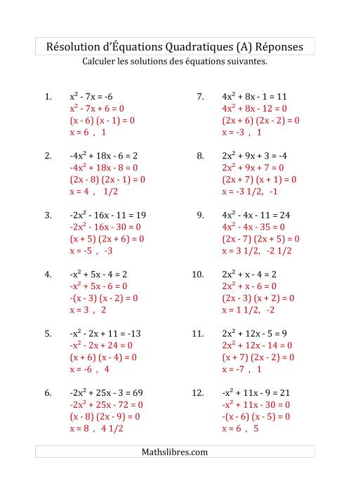 Résolution d’Équations Quadratiques (Coefficients variant de -4 à 4) (A) page 2