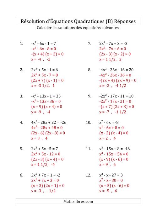 Résolution d’Équations Quadratiques (Coefficients variant de -4 à 4) (B) page 2
