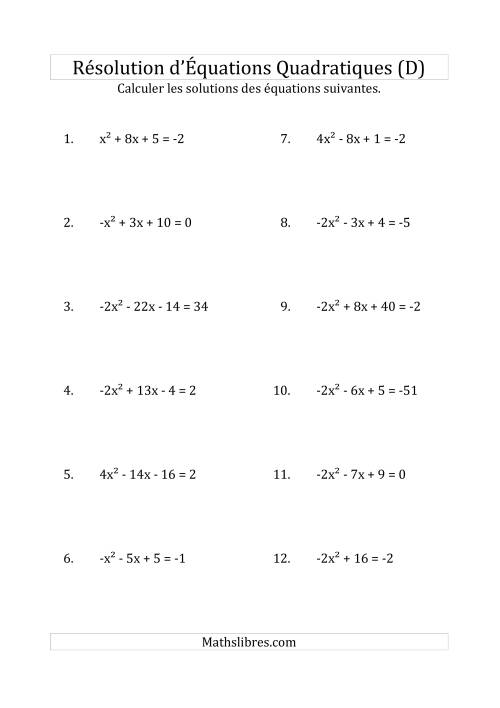 Résolution d’Équations Quadratiques (Coefficients variant de -4 à 4) (D)