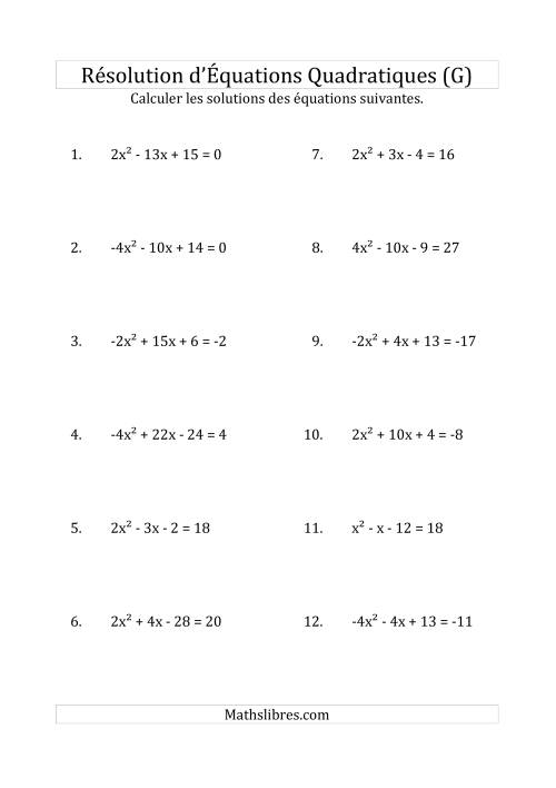 Résolution d’Équations Quadratiques (Coefficients variant de -4 à 4) (G)