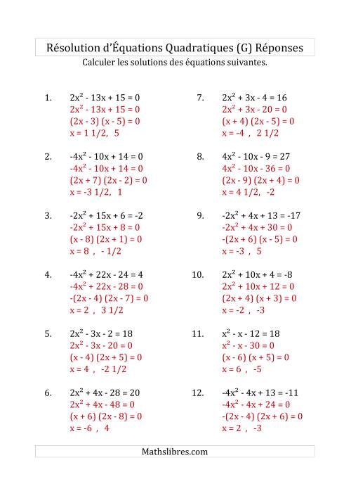 Résolution d’Équations Quadratiques (Coefficients variant de -4 à 4) (G) page 2