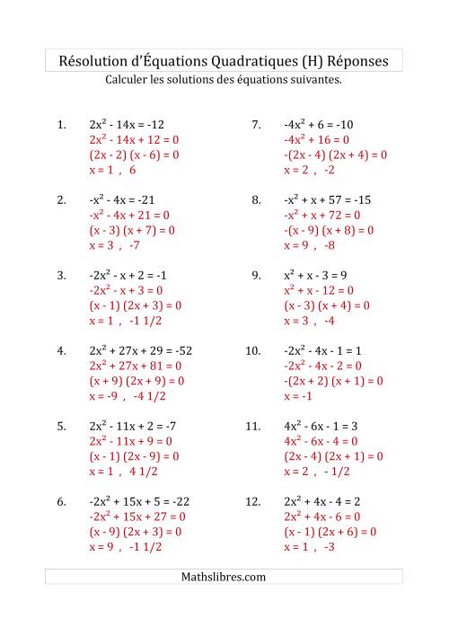 Résolution d’Équations Quadratiques (Coefficients variant de -4 à 4) (H) page 2
