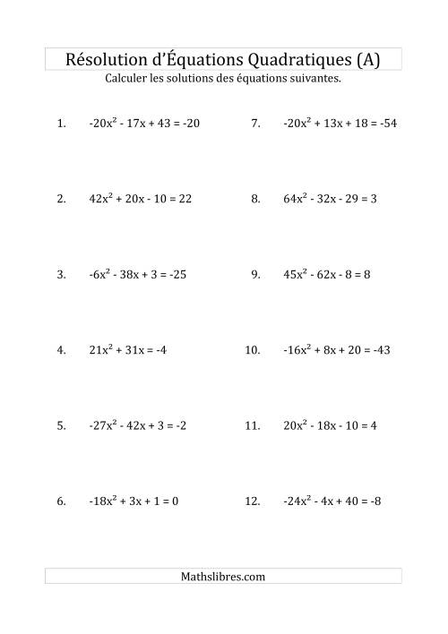 Résolution d’Équations Quadratiques (Coefficients variant de -81 à 81) (A)