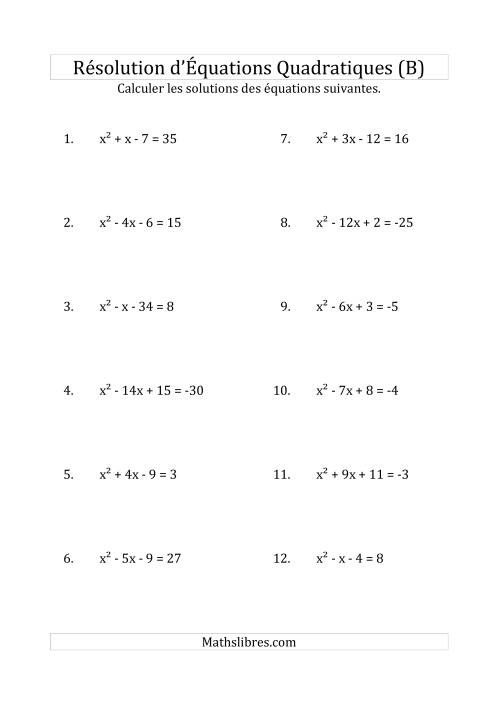 Résolution d’Équations Quadratiques (Coefficients de 1) (B)