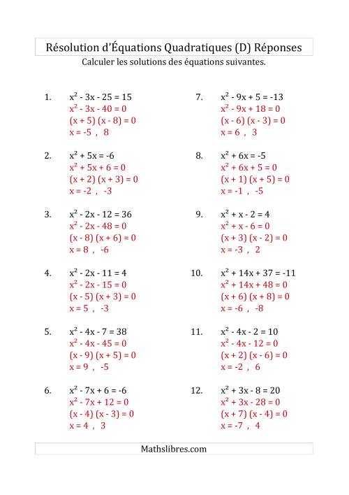 Résolution d’Équations Quadratiques (Coefficients de 1) (D) page 2