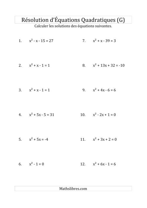 Résolution d’Équations Quadratiques (Coefficients de 1) (G)