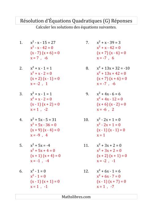 Résolution d’Équations Quadratiques (Coefficients de 1) (G) page 2
