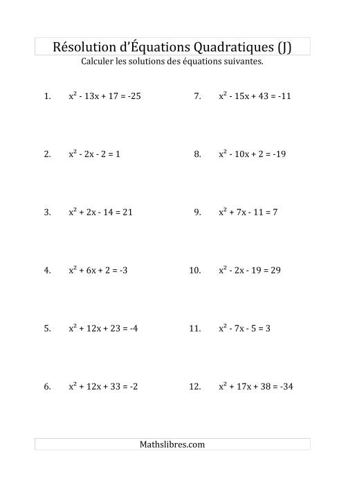 Résolution d’Équations Quadratiques (Coefficients de 1) (J)