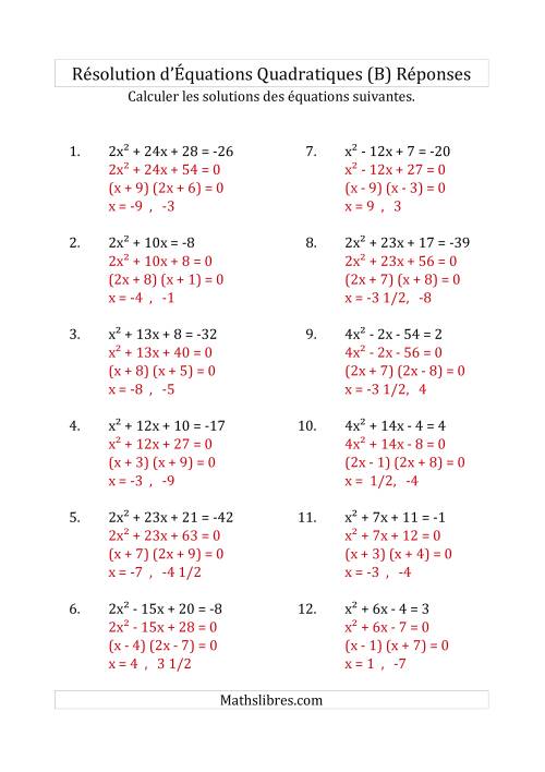 Résolution d’Équations Quadratiques (Coefficients variant jusqu'à 4) (B) page 2