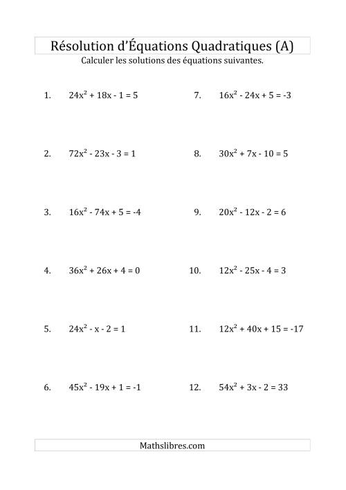 Résolution d’Équations Quadratiques (Coefficients variant jusqu'à 81) (A)